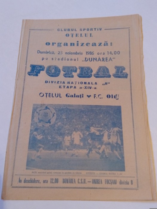 Program meci fotbal OTELUL GALATI - FC OLT (23.11.1986)