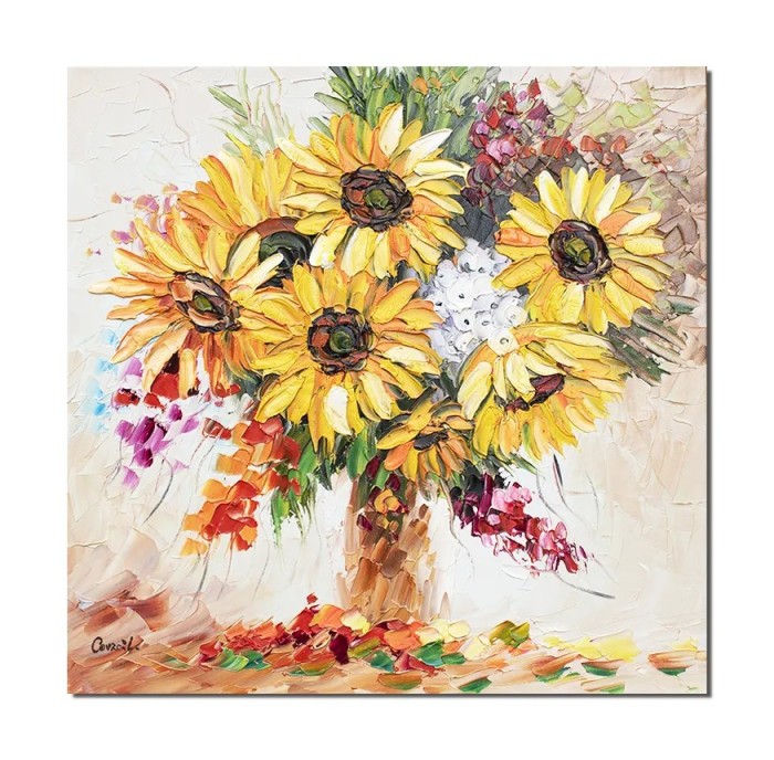 Tablou 3D Vaza cu floarea soarelui pictat manual, 50x50cm ulei pe panza, Leonard Covaci