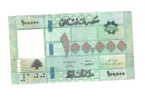 Bancnota Liban 100000 livres 2011-2023, firul de siguranta albastru, circulata, stare buna