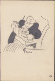 HST A1 Caricatura bărbat citind anii 1930 Geo Dumitrescu semnata
