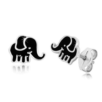 Cercei din argint - elefant cu smalț de nuanță neagră foto