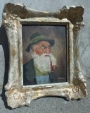 Pictura veche ulei pe lemn portret bătr&acirc;nel cu pipa