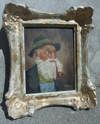 Pictura veche ulei pe lemn portret bătr&amp;acirc;nel cu pipa foto