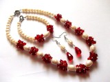 set colier ,bratara si cercei perle naturale si cristale rosii 46676
