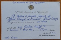4 invitatii la receptii oficiale catre Maria Groza, anii 65, ONU, Suedia, Venezuela, Marea Britanie