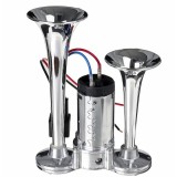 Claxon chrome cu 2 goarne si compresor, sunet clar datorita acoperirii cu crom a otelului inox, instalare pe orice tip de automobil, alimentare cu cur