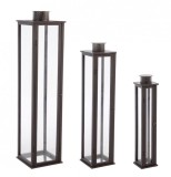 Cumpara ieftin Set 3 felinare lemn metal sticla maro Torsti 15.5x15.5x78 cm, 22x22x103 cm, 30x30x129 cm