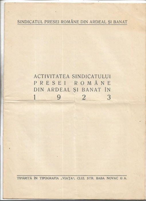 HST A1419 Activitatea Sindicatului presei rom&acirc;ne din Ardeal și Banat 1923