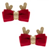 Clame Păr, Set 2 Buc, Fundițe Roșii Catifelate, Coarne Auriu cu Glitter, 6.5x4.5cm, Oem