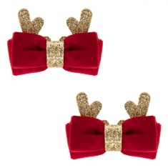 Clame Păr, Set 2 Buc, Fundițe Roșii Catifelate, Coarne Auriu cu Glitter, 6.5x4.5cm