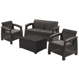 Set mobilier gradina, material polipropilena cu aspect de ratan, Keter, colectie Corfu Box, pentru relaxare si petreceri, cu masuta depozitare, doua f