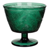 Bol din sticlă cu picior pentru &icirc;nghețată, 300 ml, verde, model frunze, CMCLASS