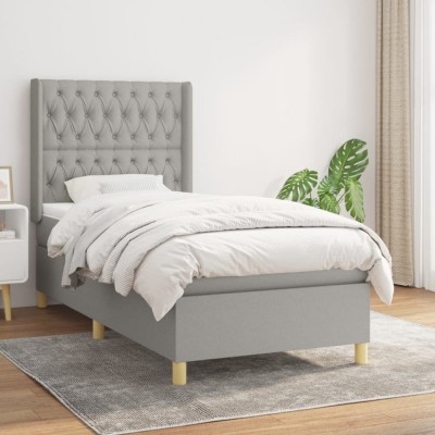 vidaXL Pat box spring cu saltea, gri deschis, 90x190 cm, textil foto