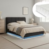 Pat tapitat LED 140x200 cm cu saltea si lada de depozitare, negru