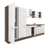 Yorki 340 &ndash; mobilier de bucătărie cu corp din stejar Yorki, cu fațade albe cu finisaj satinat, cu dulap cu rafturi și frigider cu congelator &icirc;n partea