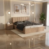 Pat Tapitat Aura Crem Catifea Premium cu Noptiere Tapitate ✔Finisaje premium