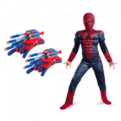 Set costum Spiderman KidMania&amp;reg; cu muschi si doua manusi lansator cu ventuze din burete pentru copii 5-7 ani 110 - 120 cm foto