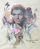 GIORGEVICI-T&acirc;nără cu trandafiri (1942) - pastel deosebit, Portrete, Realism