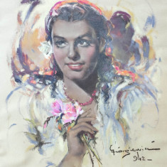 GIORGEVICI-Tânără cu trandafiri (1942) - pastel deosebit