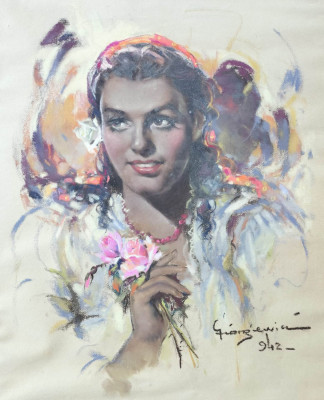 GIORGEVICI-T&amp;acirc;nără cu trandafiri (1942) - pastel deosebit foto