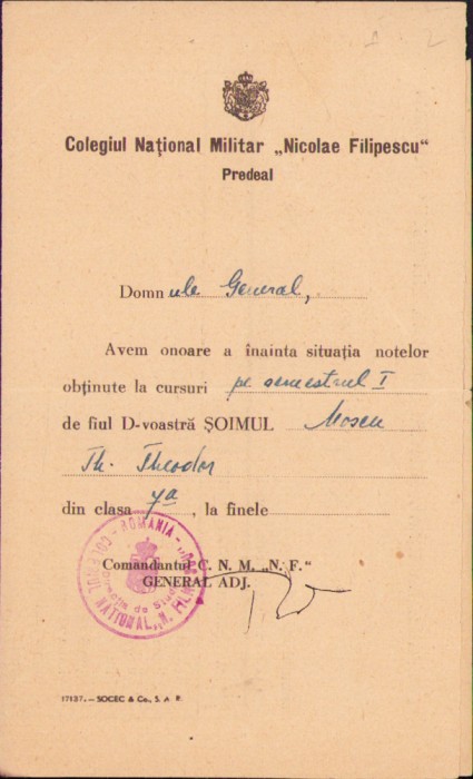 HST A1426 Carnet situație școlară șoim 1942 Colegiul National Nicolae Filipescu