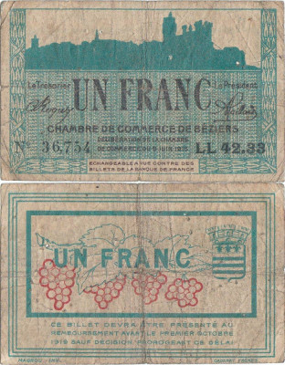 1915, 1 Franc (Jean Pirot JP.027.18) - B&amp;eacute;ziers (Franţa) foto