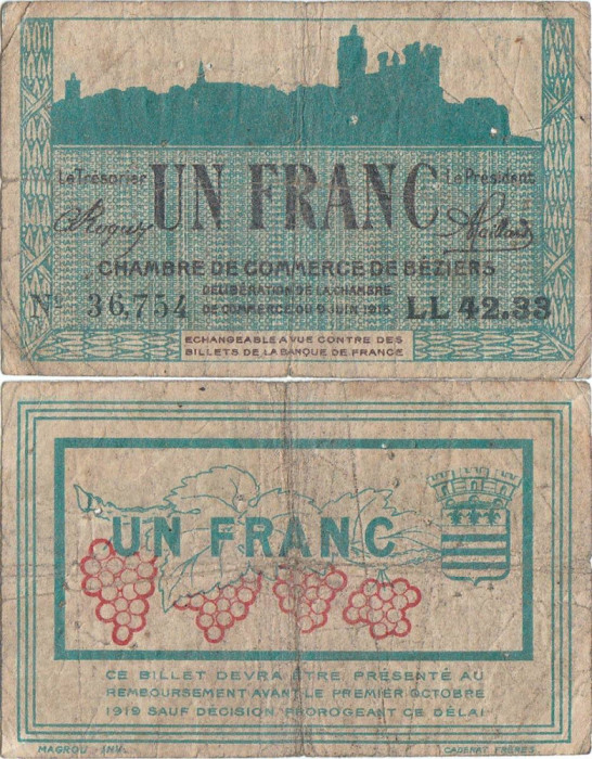1915, 1 Franc (Jean Pirot JP.027.18) - B&eacute;ziers (Franţa)