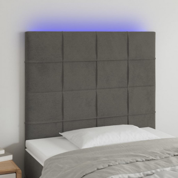 vidaXL Tăblie de pat cu LED, gri &icirc;nchis, 90x5x118/128 cm, catifea