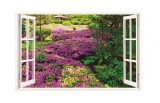 Sticker decorativ, Fereastra 3D, Flori mov, 85 cm, 250STK, natura si peisaje