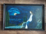 Tablou Isus / Iisus in gradina Ghetsimani privind catre cetatea Ierusalimului, vechi, semnat, ulei pe panza, in rama lemn si sub sticla,81x52cm, Istorice, Realism