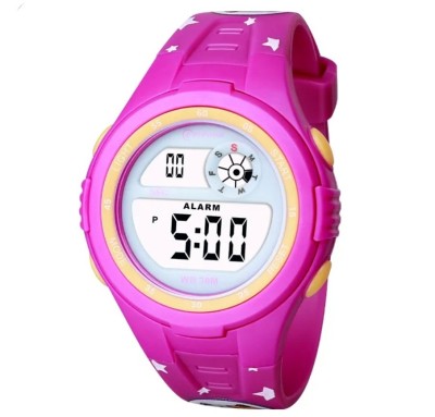 Ceas digital de copii, Mingrui MR2117LK, model astro-cat, data, iluminare, rezistent la apa 30 metri, magenta foto