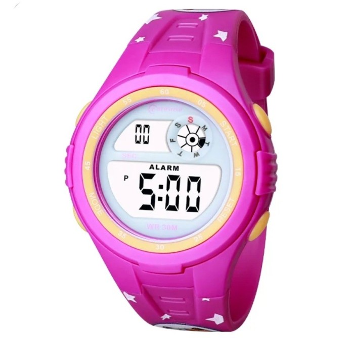 Ceas digital de copii, Mingrui MR2117LK, model astro-cat, data, iluminare, rezistent la apa 30 metri, magenta