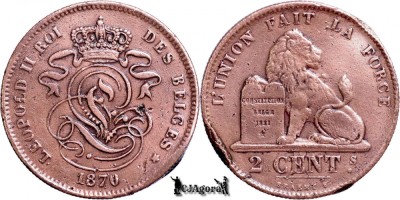 1870, 2 Centimes - Leopold al II-lea - Regatul Belgiei - suprabatere dată foto