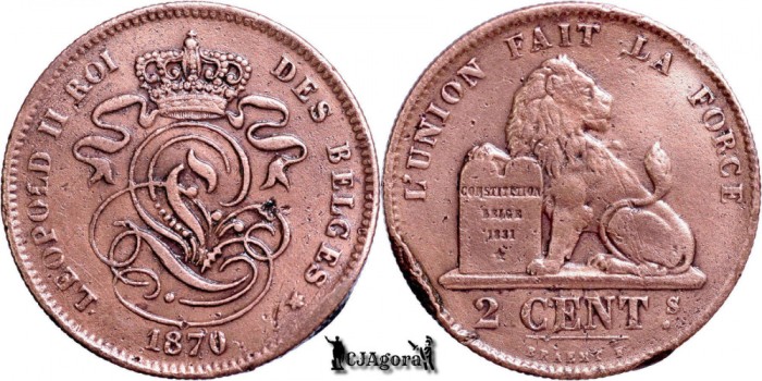 1870, 2 Centimes - Leopold al II-lea - Regatul Belgiei - suprabatere dată