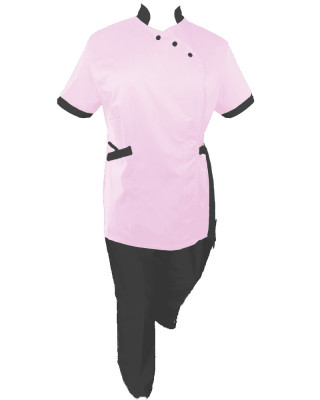 Costum Medical Pe Stil, Roz deschis cu Elastan cu Garnitură Neagra si pantaloni Negri, Model Andreea - 2XL, XL foto