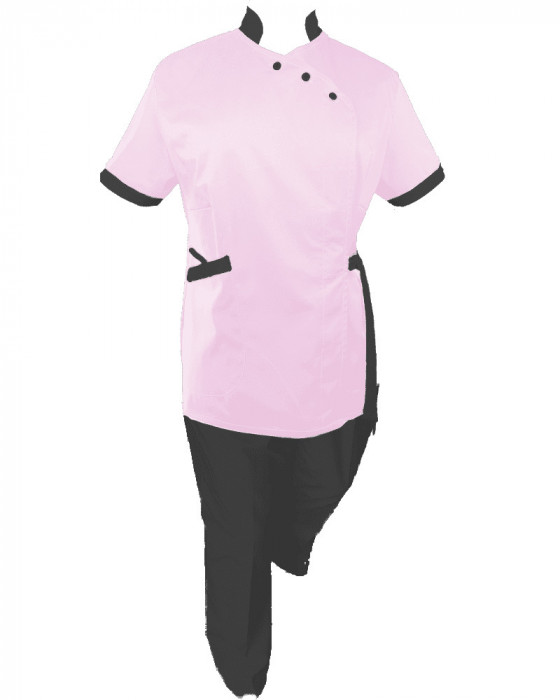 Costum Medical Pe Stil, Roz deschis cu Elastan cu Garnitură Neagra si pantaloni Negri, Model Andreea - L, 3XL