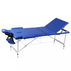 Masă masaj pliabilă, 3 zone, albastru, cadru aluminiu