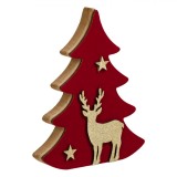 Decor Crăciun Brad, Lemn, Catifea Roșie, Cerb și Stele Sclipici, 15 cm, Oem