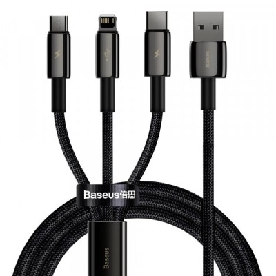 Cablu Incarcare USB-A - Lightning / microUSB / USB-C Baseus Tungsten Gold 3in1, 18W, 1.5m, Negru CAMLTWJ-01 foto