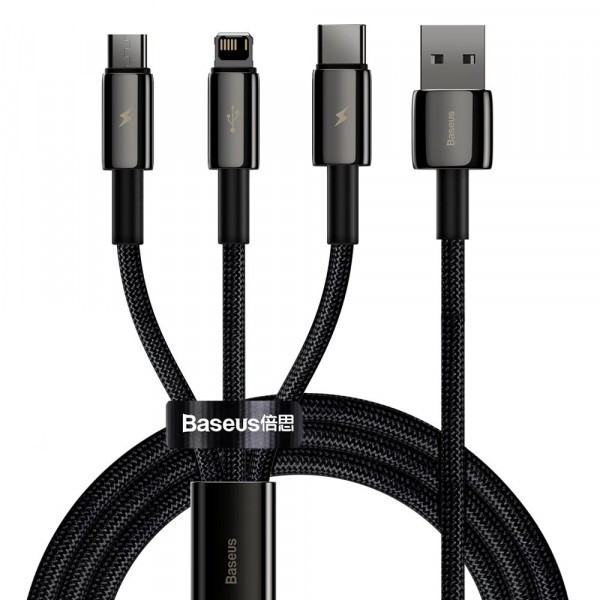 Cablu Incarcare USB-A - Lightning / microUSB / USB-C Baseus Tungsten Gold 3in1, 18W, 1.5m, Negru CAMLTWJ-01