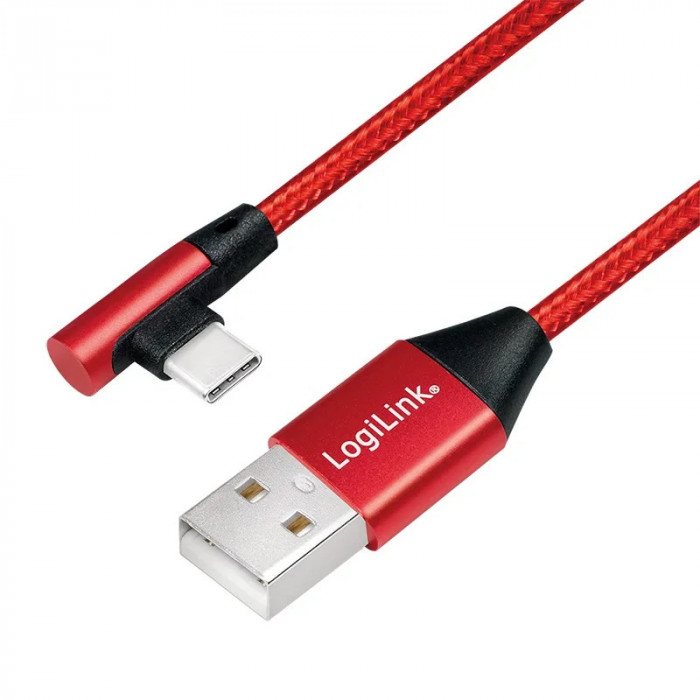 CABLU alimentare si date LOGILINK pt. smartphone USB 2.0 (T) la USB 2.0 Type-C (T) la 90 grade 0.3m premium cablu cu impletire din bumbac rosu &amp;quot;C