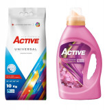 Cumpara ieftin Detergent Universal de rufe pudra Active, sac 10kg, 135 spalari + Balsam de rufe Active Happy Day, 1.5 litri, 60 spalari