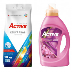 Detergent Universal de rufe pudra Active, sac 10kg, 135 spalari + Balsam de rufe Active Happy Day, 1.5 litri, 60 spalari