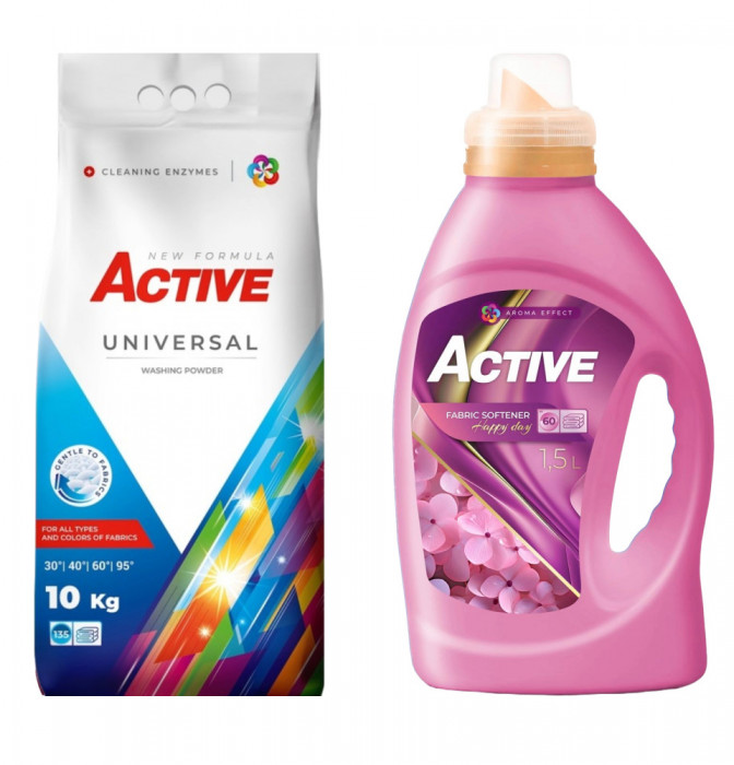 Detergent Universal de rufe pudra Active, sac 10kg, 135 spalari + Balsam de rufe Active Happy Day, 1.5 litri, 60 spalari