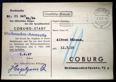 P.200 GERMANIA WEIHNACHTS-AMNESTIE COBURG-STADT 2.4.1947 ALFRED R&amp;Uuml;BSAM foto
