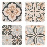 Set Suporturi pentru Pahare, Model Tiles, Lemn și H&acirc;rtie, Dimensiune 10x10cm, Multicolor, 4 Bucăți