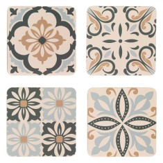 Set Suporturi pentru Pahare, Model Tiles, Lemn și H&acirc;rtie, Dimensiune 10x10cm, Multicolor, 4 Bucăți