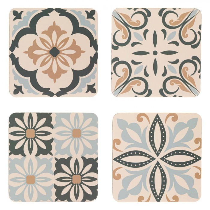 Set Suporturi pentru Pahare, Model Tiles, Lemn și H&acirc;rtie, Dimensiune 10x10cm, Multicolor, 4 Bucăți