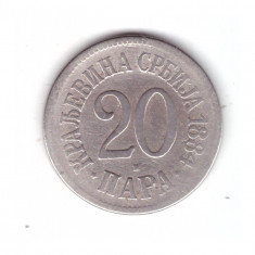 Moneda Serbia 20 para 1884, circulata, uzata, curata
