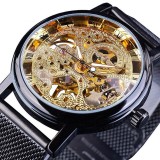 Cumpara ieftin Ceas Barbatesc Mecanic Winner Charon Auriu, Cadran Fosforescent, Carcasa 39mm, Bratara Metalica Neagra, Automatic, Analogic